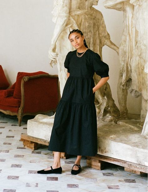 Black Rochelle Smock Midi Dress Smock Midi Dress, Dresses In Autumn, Floaty Summer Dresses, Relaxed Dress, Midi Dress Work, Investment Bags, Best Shoes, Summer Staples, Knit Midi Dress