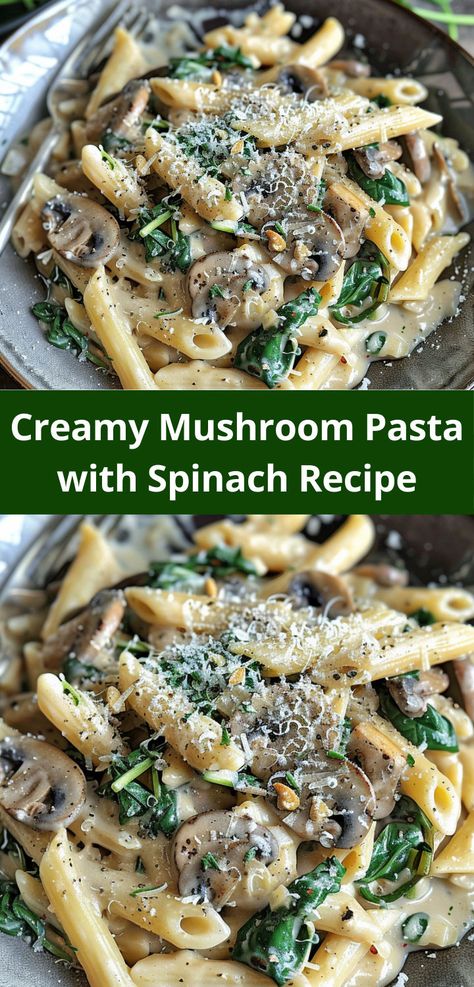 Make creamy mushroom pasta with spinach for a simple and flavorful meal in minutes. Mushroom And Spinach Pasta Recipes, Creamy Spinach Mushroom Pasta, Pasta With Mushrooms Recipes, Pasta And Mushroom Recipes, Pasta Recipes With Mushrooms, Mushroom And Pasta Recipes, Chicken Mushroom Spinach Pasta, Pasta Mushroom Spinach, Spinach Mushroom Recipes