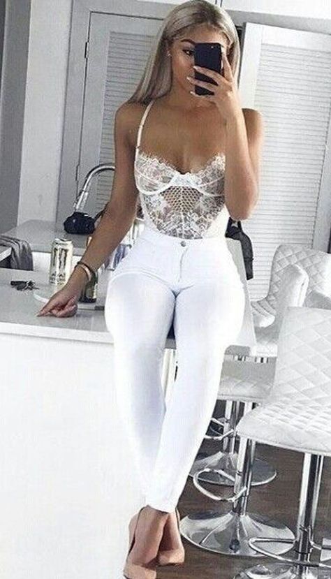 Club Outfits For Women, Instagram Baddie, All White Outfit, Lace Body, Night Out Outfit, Lace Insert, Going Out Outfits, Lace Bodysuit, Ladies Dress Design