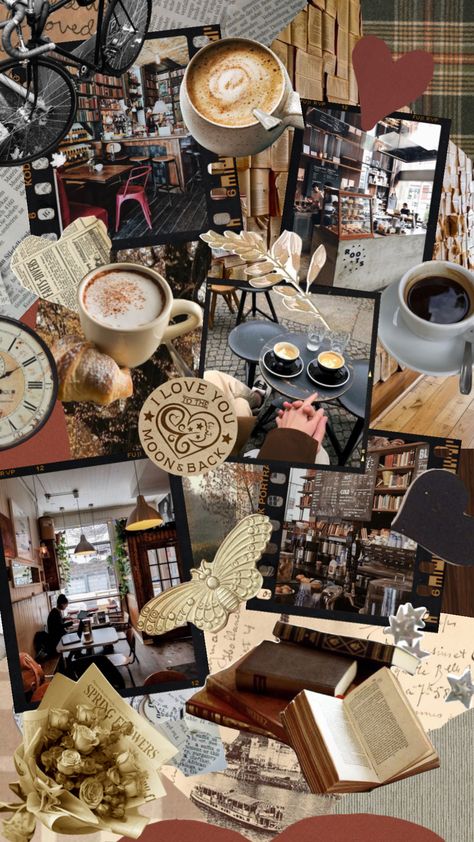 Cooking Aesthetic Collage, Coffee Collage Aesthetic, Coffee Moodboard Aesthetic, Book And Coffee Aesthetic, Cafe Collage, Food Collage Aesthetic, Coffee Collage, Collages Aesthetic Vintage, Antique Cafe