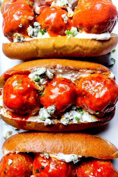 Chicken Meatball Subs, Baked Buffalo Chicken Breast, Buffalo Meatballs, Chicken Meatball, Buffalo Chicken Meatballs, Chicken Balls, Meatball Sandwich, Blue Cheese Sauce, How To Make Meatballs