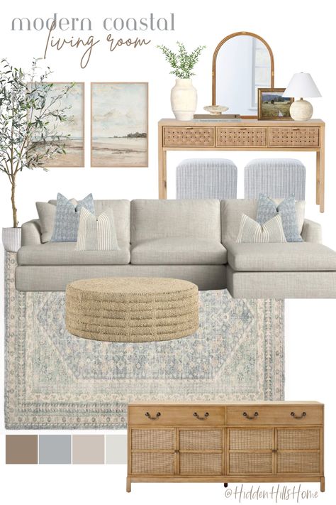 Organic coastal living room decor mood board with blue and tan tones Non Tv Living Room, Farmhouse Living Room Blue Sofa, Neutral Beach Apartment, Light Blue Coastal Living Room, Coastal Living Rooms Blue Sofa, Transitional Neutral Living Room, Coastal Design Living Room, Living Room Designs Blue And Gray, Transitional Coastal Living Room