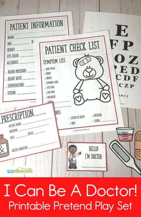 Kids will feel official and play for hours when you add these super CUTE (and free) Doctor Pretend Play Printables to their pretend play! 8-page set to encourage creativity in toddlers, preschoolers, prek, kindergartners, and grade 1. Dramatic Play Printables Free, Doctor Printable, Community Helpers For Kids, Community Helpers Printables, Kids Doctor Kit, Pretend Play Printables, Play Printables, Dramatic Play Printables, Prescription Pad