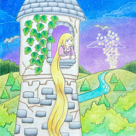 Rapunzel in her tower. 💜✨ I was inspired by the beautiful version of this page done by @elmcolors. 📖: World Fairy Tales by @eriy06 ✏️:… | Instagram Tower Drawing, The Tower, Drawing For Kids, Rapunzel, Coming Out, Fairy Tales, Tower, Braids, Bedroom