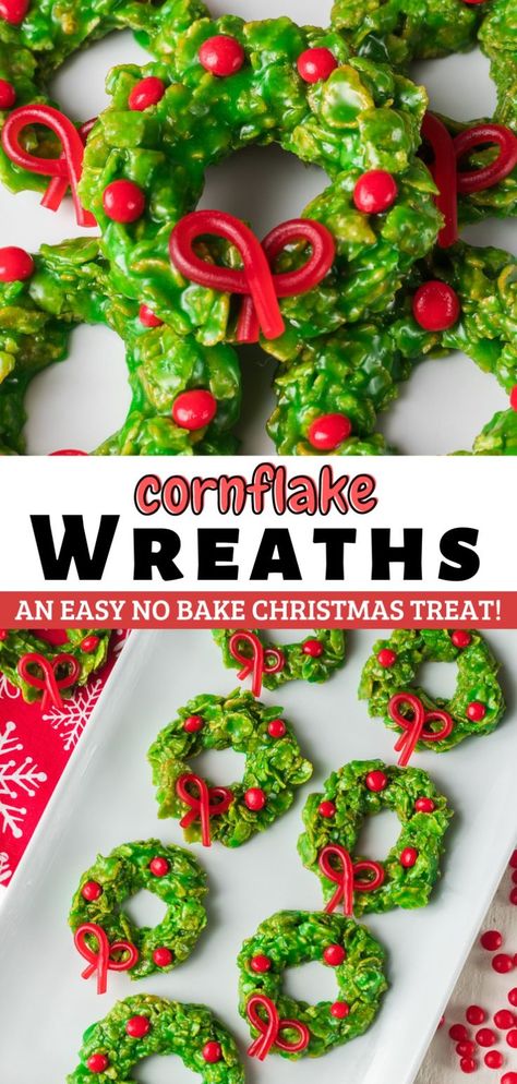 Christmas Wreath Cookies are as fun to make as they are to eat! Turn cornflake cereal into festive treats with this easy recipe and just a handful of ingredients. No need to bake Christmas wreath cookies because they’re made in a large pot on top of the stove. They're the perfect addition to your Christmas cookie tray or box! Christmas Wreath Dessert, Food Wreath, Cornflake Wreaths, Christmas Dessert Tray, Cinnamon Candies, Krispie Treats Christmas, Christmas Cookie Tray, No Bake Christmas, Christmas Wreath Cookies