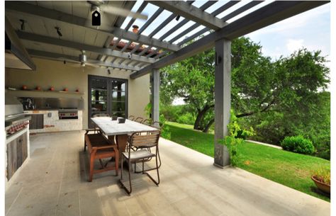 perfect half covered half open patio Half Pergola, Gray Stained Wood, Acrylic Dining Chairs, Covered Patio Design, Patio Remodel, Mediterranean Style Home, Contemporary Patio, Pergola Attached To House, Outside Patio