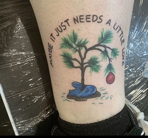 Charlie Brown Christmas Tree Tattoo with Quote Charlie Brown Tree Tattoo, Charlie Brown Christmas Tattoo, Peanuts Gang Tattoo, Charlie Brown Christmas Tree Tattoo, Tree Tattoo With Quote, Peanuts Tattoo Ideas, Charlie Brown Tattoo Ideas, Grinch Tattoo Ideas, Charlie Brown Tattoo