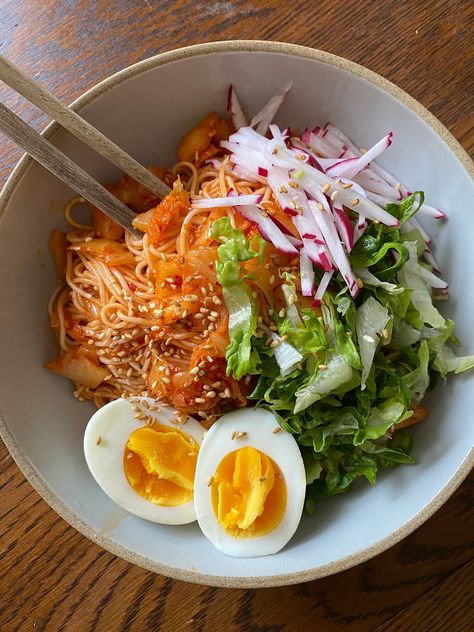 Almost-Instant Bibim Guksu (Cold Kimchi Noodles) Recipes With Kimchi, Bibim Guksu, Cold Recipes, Korean Cold Noodles, Medium Boiled Eggs, Kimchi Noodles, Kimchi Rice, Korean Noodles, Wheat Noodles