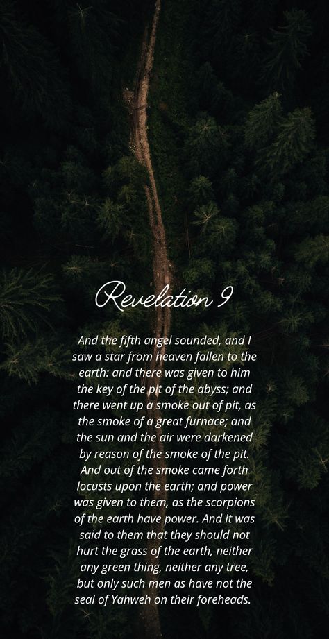 Revelation 9:1-4

And the fifth angel sounded, and I saw a star from heaven fallen to the earth: and there was given to him the key of the pit of the abyss; and there went up a smoke out of pit, as the smoke of a great furnace; and the sun and the air were darkened by reason of the smoke of the pit. And out of the smoke came forth locusts upon the earth; and power was given to them, as the scorpions of the earth have power. And it was said to them that they should not hurt the grass of the earth Bible Prophecy End Time Signs, End Times Prophecy Signs Wake Up, Revelations Bible End Time, End Times Prophecy Signs The Bible, End Times, Revelations End Times, Revelation Prophecy, Bible End Times, Revelation 9