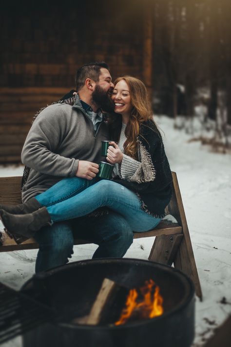 Winter Fire Photoshoot, Winter Campfire Photoshoot, Fireside Photoshoot, Fire Pit Engagement Pictures, Authentic Engagement Photos, Campfire Engagement Photos, Fire Pit Photoshoot, Fire Engagement Photos, Snow Family Photoshoot