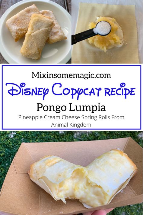 Pongo Lumpia is a pineappel cream cheese spring roll. This is a delicous, simple copycat recipe from Disney's Animal Kingdom! #disney #disneyrecipes #disenyworld #disneycopycat recipe Disney Parks Recipes, Disneyland Copycat Recipes, Disney Food Recipes, Cheese Spring Rolls, Movie Foods, Disneyland Recipes, Pineapple Cream Cheese, Thanksgiving Board, Lumpia Recipe