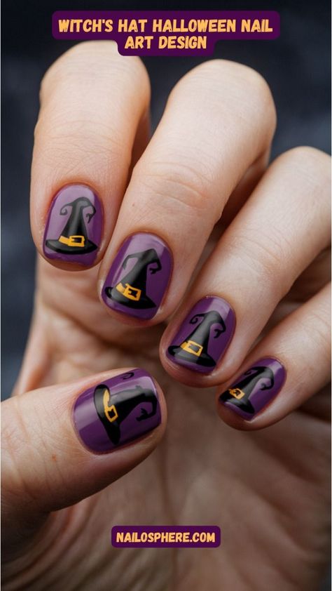 Embrace the spooky season with this playful Witch's Hat Halloween nail art. Featuring a deep purple base, each nail is adorned with a whimsical black witch's hat complete with a golden buckle. The design is both charming and festive, perfect for adding a touch of Halloween magic to your look. Pumpkin Spice Nails, Bat Nails, Spider Queen, Black Witch Hat, Queen Nails, Zombie Hand, Glow Nails, Spooktacular Halloween, Halloween Magic