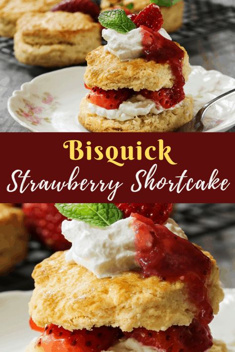 This quick and easy Strawberry Shortcake is loaded with fresh strawberries, flaky biscuits, and topped with whipped cream. The perfect summer dessert. Bisquick Strawberry Shortcake, Shortcake Biscuits, Easy Strawberry Shortcake, Strawberry Shortcakes, Strawberry Shortcake Recipes, Flaky Biscuits, Bisquick Recipes, Shortcake Recipe, Strawberry Cake Recipes