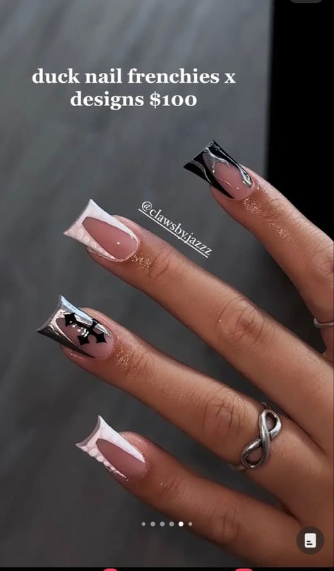 Gray Nails French Tips, Black And Silver Duck Nails, Black French Duck Nails, Black And White Duck Nails, Short Duckies Nails, Black Design Acrylic Nails, Black Duck Nails Acrylic, Grey And Black Nails Designs, Short Duckie Nails