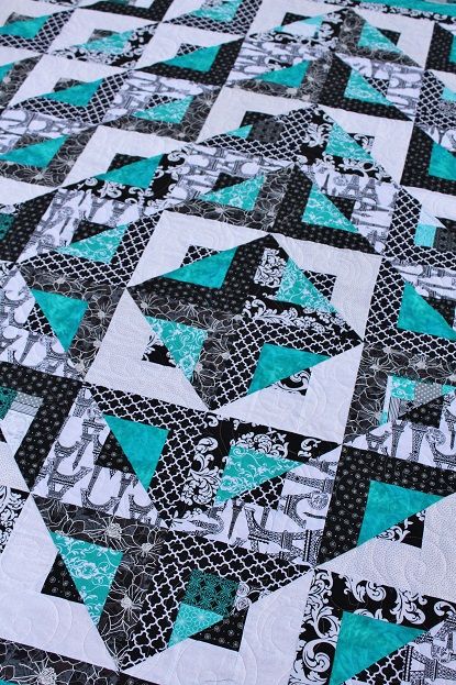 Black, White and Teal Men Quilts, Black And White Quilt, Quilt Layouts, Teal Quilt, Black And White Quilts, Charm Quilt, Grey Quilt, Patchwork Quilt Patterns, Modern Quilt Patterns