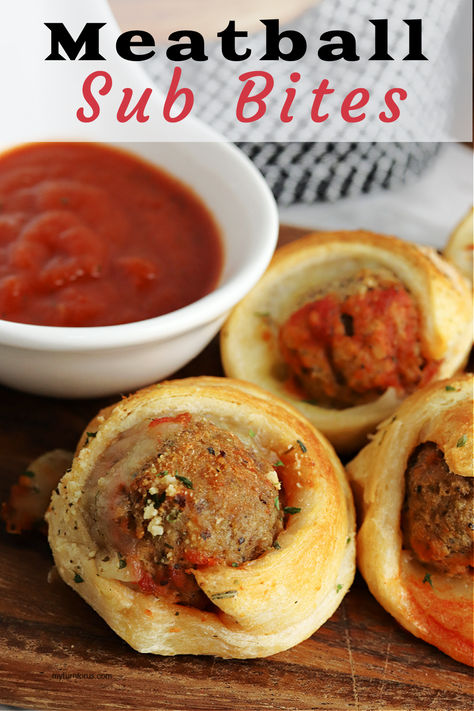 Meatball Sub Bites Delish, Best Baseball Snacks, Meatball Crescent Rolls, Meatball Sub Bites, Crescent Roll Appetizers, Snacks And Appetizers, Tastefully Simple Recipes, Meatball Sub, Game Day Party