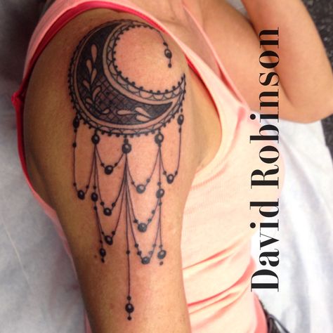 Lace moon and stars in black by David Robinson at Iron Brush Tattoo in Lincoln NE. Brush Tattoo, David Robinson, Lace Tattoo, Moon And Stars, Dreamcatcher Tattoo, Lace Design, Tattoos And Piercings, Body Art Tattoos, Vs Pink