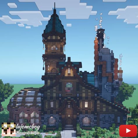 Minecraft Steampunk House Ideas, Steam Punk Minecraft House, Minecraft Steampunk House, Steam Punk Minecraft, Steampunk Minecraft Builds, Minecraft Steampunk Builds, Steampunk Fabric, Minecraft Steampunk, Minecraft Mansion