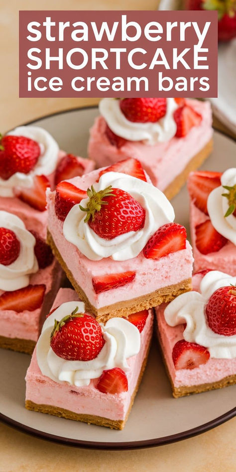 Treat yourself to Strawberry Shortcake Ice Cream Bars! These nostalgic frozen treats have creamy strawberry and vanilla layers, wrapped in a crunchy, berry-flavored coating. Strawberry Shortcake Shooters Recipe, Strawberry Milkshake Cupcakes, Easy Strawberry Shortcake Recipe, Strawberry Shortcake Ice Cream Bars, Strawberry Shortcake Recipe Easy, Milkshake Cupcakes, Strawberry Shortcake Bars, Ice Cream Dessert Recipe, Strawberry Ice Cream Cake