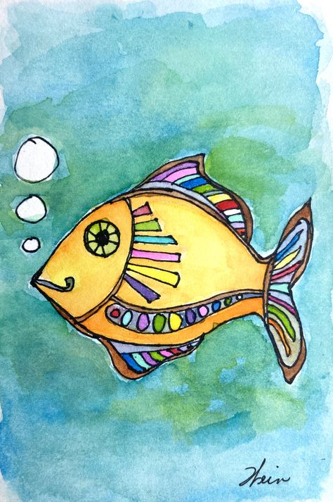 Whimsical Illustration Doodles, Whimsical Fish Art, Whimsical Fish, Drawn Fish, Whimsical Art Paintings, Art Trading Cards, Whimsical Artwork, Kids Watercolor, Animal Doodles