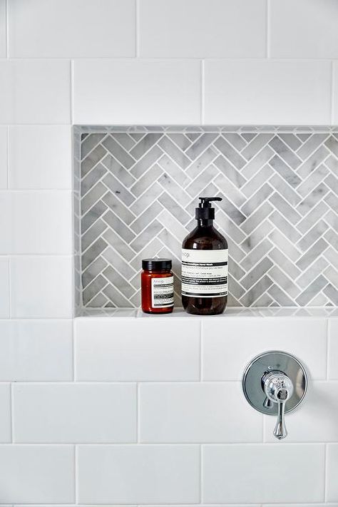 Another niche idea. White subway tiles frame a gray marble herringbone tiled shower niche. Tile Shower Niche, Marble Herringbone, White Subway Tiles, Bad Inspiration, Tiny House Bathroom, Shower Niche, Subway Tiles, Basement Bathroom, Bath Room