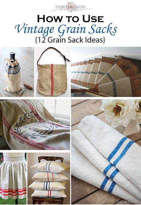 Here's a little inspiration for how to use French grain sacks in your home. Ideas for decorating and crafting with these vintage beauties. Vintage Grain Sack Ideas, Feed Sacks Ideas, Diy Grain Sack Fabric, Flour Sack Crafts, Vintage Feed Sacks Ideas, Grain Sack Stripes, Feedsack Pillows Grain Sack, Vintage Grain Sack, French Crafts