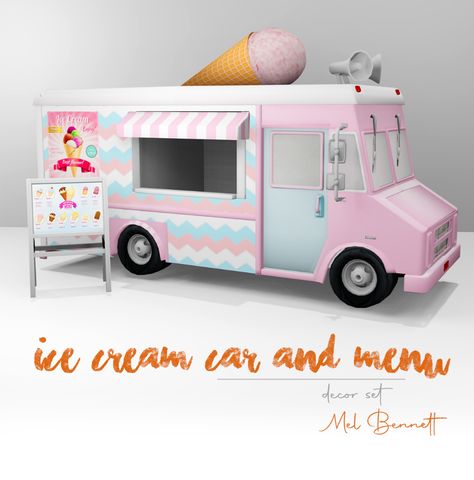 Sims 4 Ice Cream Car and Menu - Mel Bennett The Sims 4 Pack, Sims 4 Restaurant, Ice Cream Car, Legacy Challenge, Cream Car, Ts4 Poses, Cream Decor, Sims Packs, The Sims 4 Packs