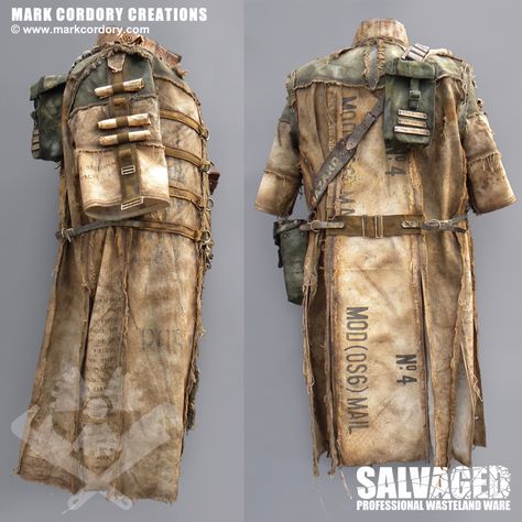 Inscribed coat made from old mail sacks for a wasteland chronicler Wasteland Costume, Post Apocalyptic Trench Coat, Wasteland Fashion, Post Apocalyptic Mechanic, Post-apocalyptic Hooded Outerwear For Halloween, Post-apocalyptic Costumes For Cosplay, Post Apocalyptic Swordsman, Apocalypse Costume, Apocalyptic Costume