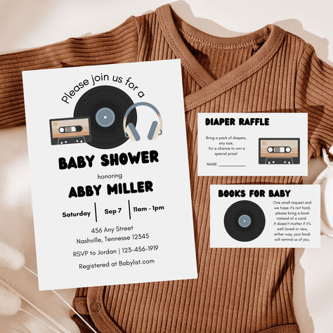 Are you looking for a vinyl record baby shower invitation? This music baby shower bundle is perfect for minimalist, modern, and gender neutral baby showers. You will receive access to editable templates on Canva for an invitation, diaper raffle card, and books for baby card. This retro baby shower template will help you celebrate the little one on the way at your groovy baby shower! Music Themed Baby Shower Ideas, Baby Shower Neutral, Shower Music, Retro Baby Showers, Baby Shower Templates, Retro Baby, Invitation Baby Shower, Music Themed, Baby Card