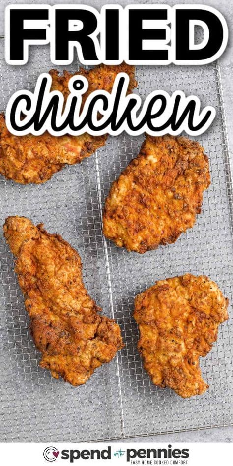 Make some fried chicken breast as a crispy and family favorite dish for dinner. In this recipe, boneless chicken breasts, thighs, or cutlets are dipped in buttermilk, breaded with a light flour batter, and then pan fried.  This recipe is so easy to make, and can even be frozen for quick weekday meals. #friedchickenbreast #crispyfriedchickenbreast #crispyfriedchicken #spendwithpennies Breaded Chicken Thigh Recipes, Fried Chicken Breast Recipes Boneless, Chicken Breading Recipe, Fried Boneless Chicken Breast, Recipe For Fried Chicken, Crispy Fried Chicken Breast, Chicken Coating, Chicken Receipe, Buttermilk Marinade