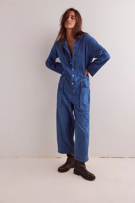 We The Free Margarita Jumpsuit | Free People Utility Jumpsuit Street Style, Coverall Outfit, Denim Coverall, Free People Jumpsuit, Utility Jumpsuit, Pocket Jumpsuit, Flare Jumpsuit, Jumpsuit Outfit, Blue Jumpsuits