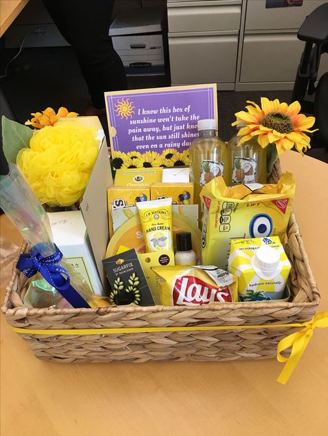 A coworker recently suffered a loss. I came of with the idea to make her a sunshine box. With the help of my coworkers, I was able to put this together. Coworkers Birthday, Coworker Birthday Gifts, Valentines Gift Bags, Box Of Sunshine, Bff Birthday Gift, Diy Gift Baskets, Birthday Gift Baskets, Christmas Gifts For Coworkers, Cute Birthday Gift