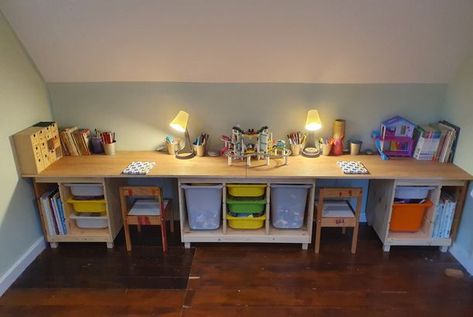 (Not another) IKEA TROFAST children’s desk and chairs! Ikea Childrens Desk, Trofast Ikea, Childrens Desk And Chair, Desk Hacks, Ikea Trofast, Childrens Desk, Long Desk, Ikea Kids, Furniture Board