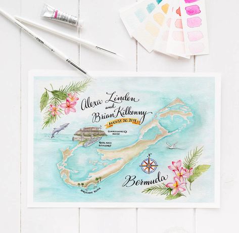 Bermuda Watercolor Wedding Map by NooneyArt Designs Wedding Map Illustration, Palm Tree Wedding Invitations, Watercolor Wedding Map, Bermuda Wedding, Custom Wedding Map, Beachy Wedding, Key West Wedding, Bespoke Wedding Stationery, Bespoke Wedding Invitations