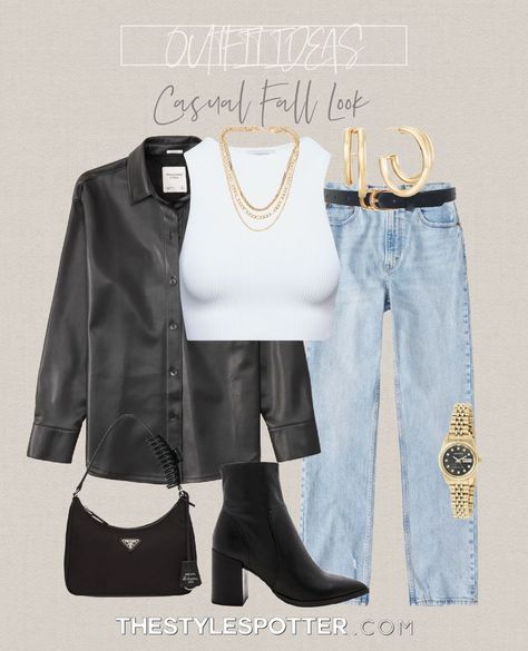 Black Leather Shirt Outfit, Fall Outfits Date Night, Leather Shirt Outfit, Black Booties Outfit, Black Shacket, Aritzia Outfit, Shacket Outfit, Patch Outfit, Casual Fall Outfit