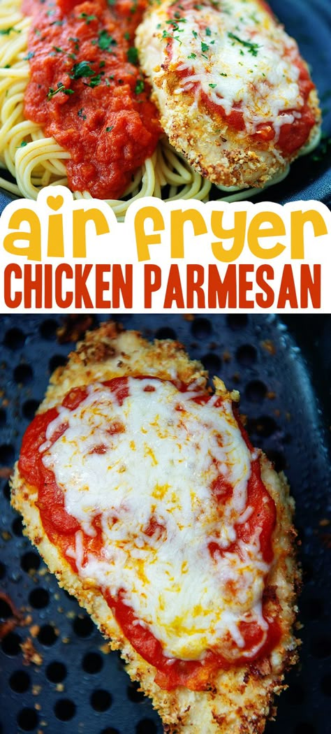 You can make a classic chicken parm in your air fryer with hardly any cleanup afterward! Everything cooks in the air fryer basket! #airfryer #chickenrecipes #recipes Air Fryer Chicken Parm, Homemade Chicken Parmesan, Air Fryer Chicken Parmesan, Air Fryer Chicken Recipes, Air Fryer Food, Air Fryer Meals, Air Fryer Oven Recipes, Air Fry Recipes, Air Fried Chicken