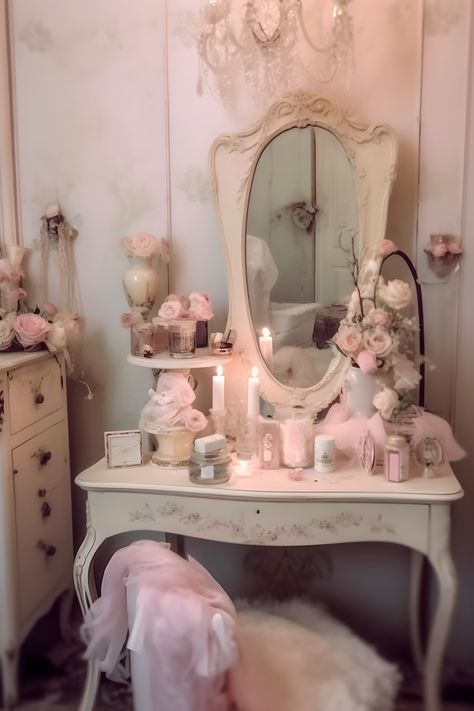 a vanity in a shabby chic coquette room. lots of pinks and ivory, vintage, cluttered table with antiques and hyper femme beauty objects. roses and other dainty flowers and a vintage mirror Pink Coquette Vanity, Cowuette Candle, Coquette Room Pink Walls, Vintage Pink Room Decor, Pink Victorian Room, White Vintage Vanity, Pink Vintage Room, Soft Pink Room, Vintage Coquette Room