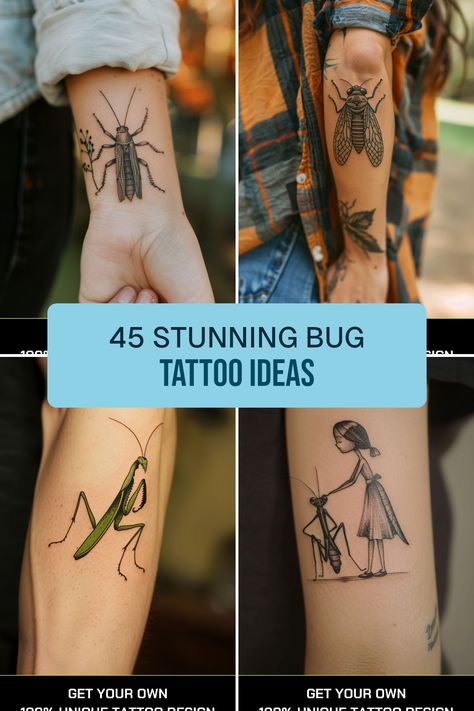 Looking for inspiration on bug tattoos? Check out these 45 unique tattoo ideas featuring the tiny wonders of nature! From realistic praying mantis tattoos to chic cicada designs, each tattoo has its own charm and meaning. Bugs symbolize transformation and resilience, making them a beautiful choice for ink. Discover tips for picking your perfect bug tattoo, and explore the artistry of grasshopper tattoos. Let your love for nature shine through your skin art with these creative ideas. Start your tattoo journey by celebrating the intriguing world of bugs! Bug Tattoo Ideas, Side Body Tattoos, Mantis Tattoo, Cicada Tattoo, Firefly Tattoo, Dragonfly Tattoos, Beetle Tattoo, Unique Tattoo Ideas, Lady Bug Tattoo