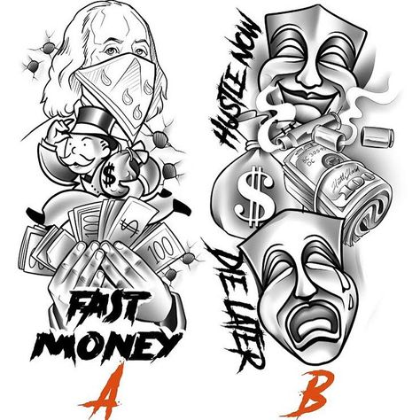 Hood Tattoo Designs, Time Is Money Tattoo, Money Bag Tattoo, Urban Tattoos, Bag Tattoo, Catrina Tattoo, Half Sleeve Tattoos Drawings, Stencil Outline, Gangsta Tattoos