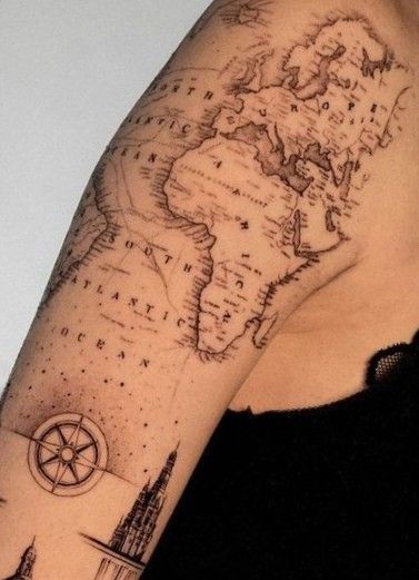 Map Arm Sleeve Tattoo, Calf Tattoo Ideas, Detailed Tattoos, Belly Button Tattoo, Band Tattoos For Men, World Map Tattoos, Ace Tattoo, Globe Tattoos, Pocket Watch Tattoos