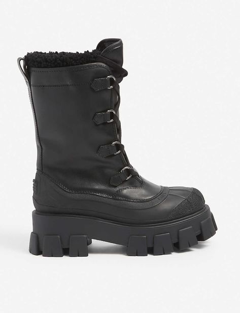 PRADA - Monolith shearling-lined leather ski boots | Selfridges.com Prada Monolith, Corner Shop, Chinese English, Miuccia Prada, Prada Leather, Ski Boots, Leather Cleaning, Floral Dresses, Be Strong