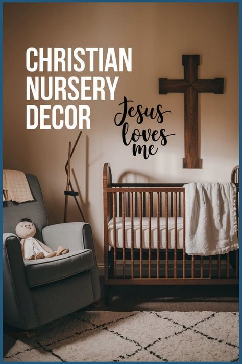 Christian-themed nursery with a crib, cross on the wall, and a plush doll on a chair. Church Nursery Ideas Decor, Simple Boy Nursery, Bible Nursery, Church Nursery Decor, Jesus Decor, Christian Nursery Decor, Spiritual Space, Christian Nursery, Bible Verse Decor