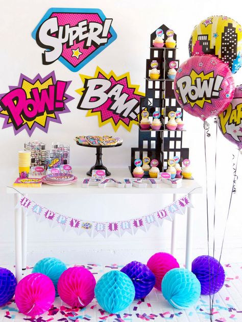 Dc Superhero Girls Party, Superhero Girls Birthday, Festa Power Rangers, Girl Superhero Party, Girls Party Decorations, Birthday Crafts, Superhero Birthday Party, Super Girl, Girl Superhero