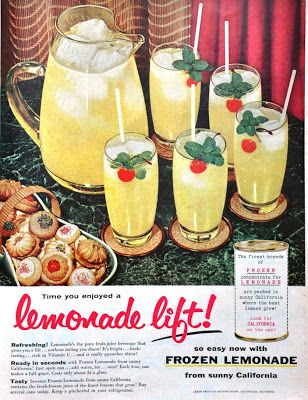 It's time you enjoyed a lemonade lift! 1950s Vintage Meals, Vintage Lemonade, Drink Ads, Vintage Food Posters, Christmas Ads, 70s Summer, Retro Food, Frozen Lemonade, Kitschy Kitchen