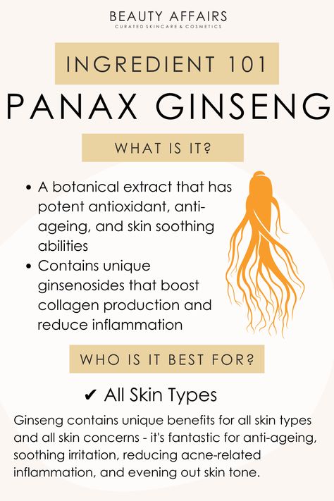 Benefits Of Ginseng, Asian Medicine, Skin Facts, Natural Skin Care Ingredients, Skin Advice, Skincare Brands, Cosmetics Ingredients, Cosmetic Skin Care, Face Skin Care