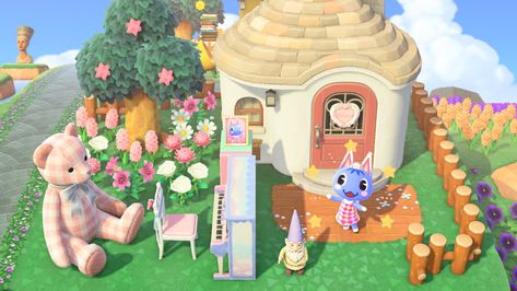 I tried to decorate them based on the villager’s hobby (education, music, fashion, etc.), style preferences, and house appearance! Rosie Acnh Yard, Animal Crossing Rosie, House Appearance, Rosie Animal Crossing, Acnh Idea, Acnh Builds, Acnh Inspo, Music Fashion, Pet Shop