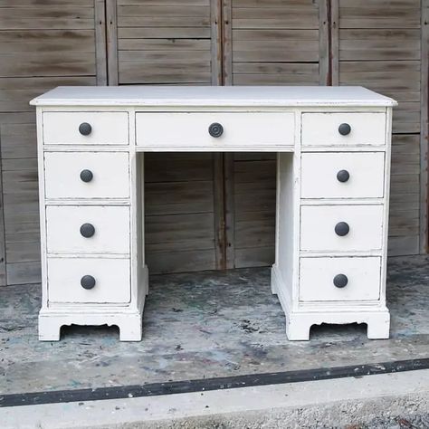 White Painted Desk, Desk Knobs, Drawer Repair, Refinished Desk, Pottery Barn Desk, Dark Desk, Furniture Transformation, Fake Wood, Transforming Furniture