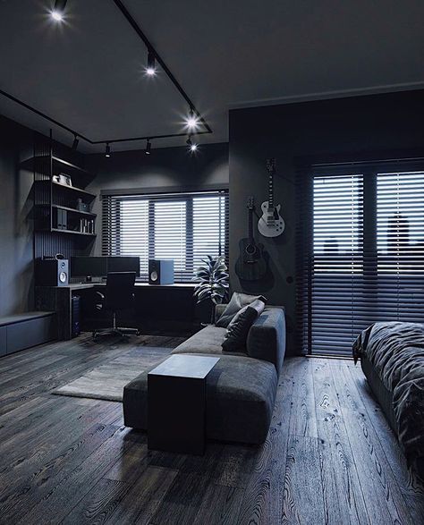 All Black Living Room, Black Bedroom Design, Black Rooms, Black Living Room, Bedroom Setup, Black Bedroom, Dark Interiors, Loft Design, Room Setup