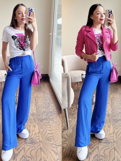 Look de pantalón en color azul, chamarra y bolsa en color rosa y tenis en color blanco Electric Blue Pants, Blue Pants Outfit, Casual Oufits, Everyday Casual Outfits, Outfit Mujer, Hijab Chic, Fashion Hacks Clothes, Blue Pants, Saree Styles