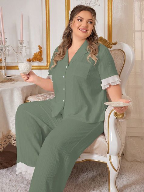 Plus Size Women Ruffle Lace Decorated Pajamas SetI discovered amazing products on SHEIN.com, come check them out! Night Ware, Plus Size Dress Outfits, Elegant Feminine, Plus Size Swimsuits, Pajamas Set, Plus Size Dress, Amazing Products, Night Dress, Pajama Set